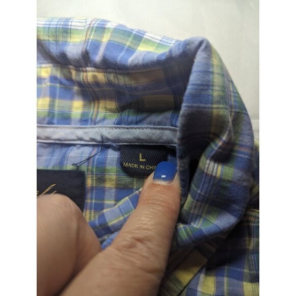 Casuals Round Tree & Yorke Mens Blue And Yellow Plaid Long Sleeve Button Down - Picture 6 of 13